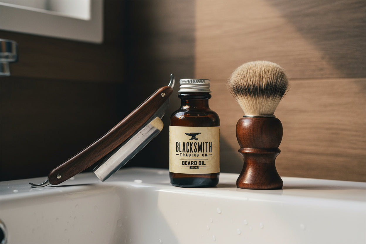 Bottle of Blacksmith Trading Co. beard oil
